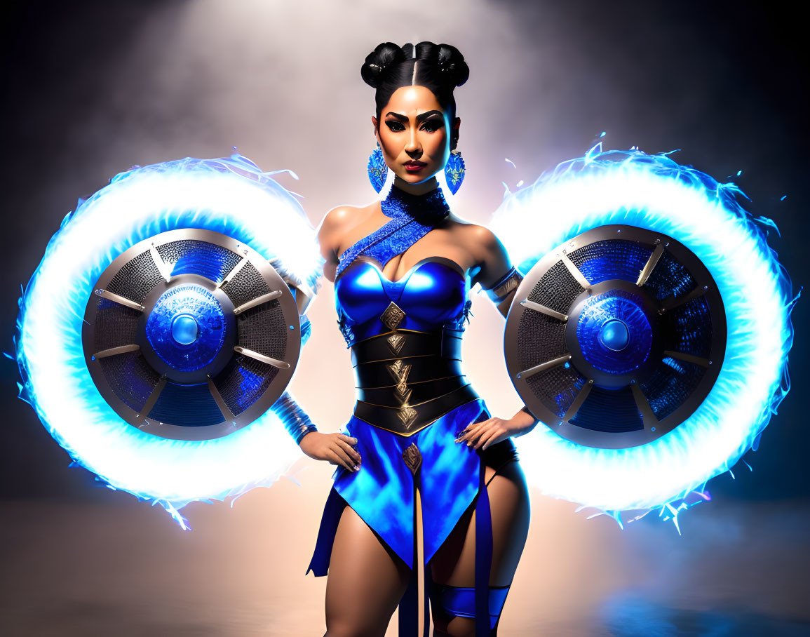 Futuristic woman in blue and black bodysuit with glowing energy shields