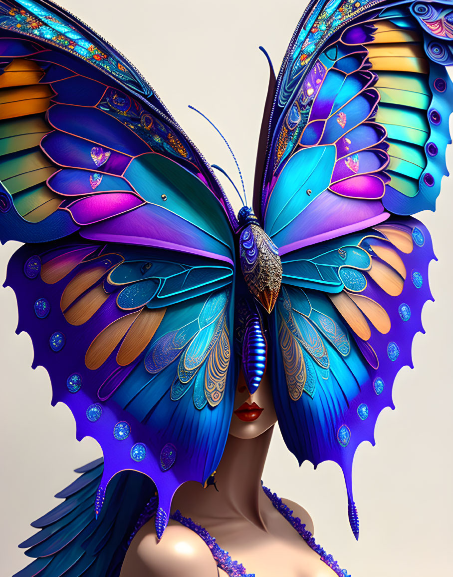 Surreal image of woman with vibrant butterfly mask in jewel-toned blues and purples