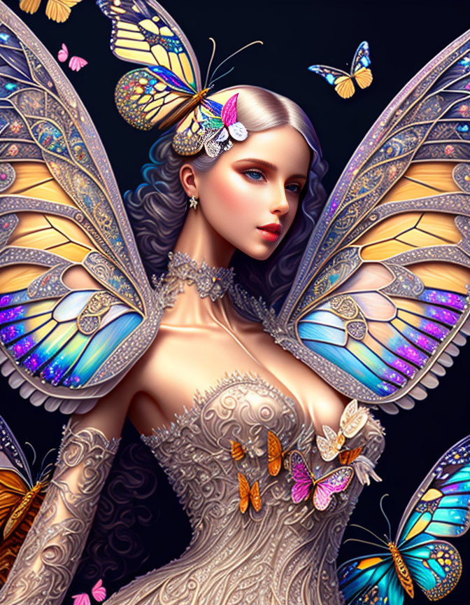 Woman with butterfly wings surrounded by butterflies in intricate gown