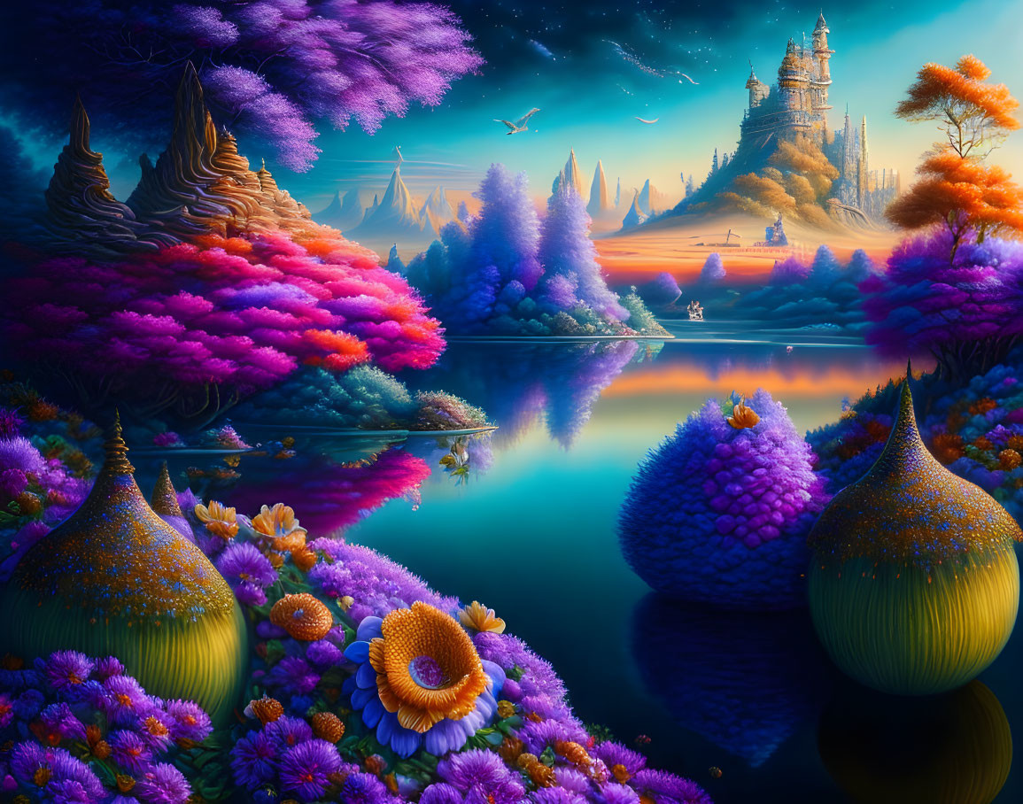 Fantastical landscape with castle, colorful flora, water, mystical sky