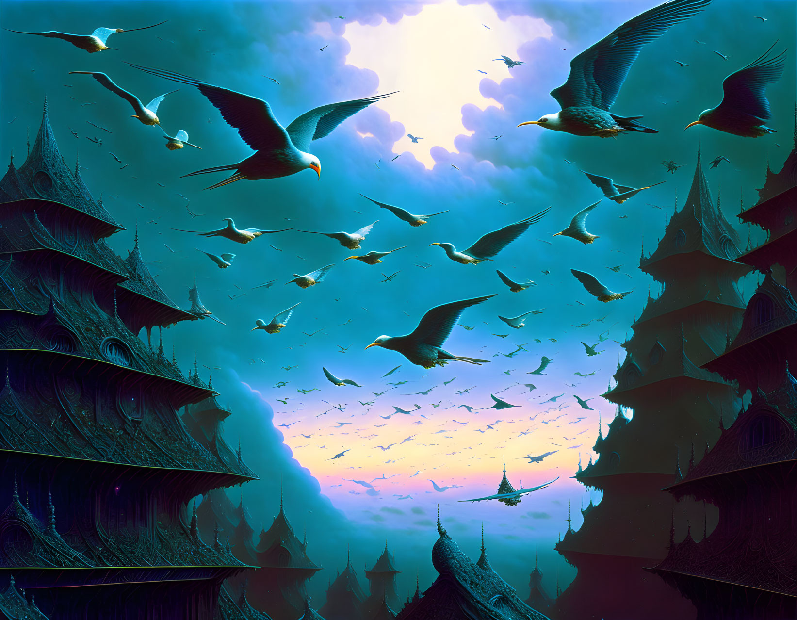 Birds flying over oriental-style buildings at sunset