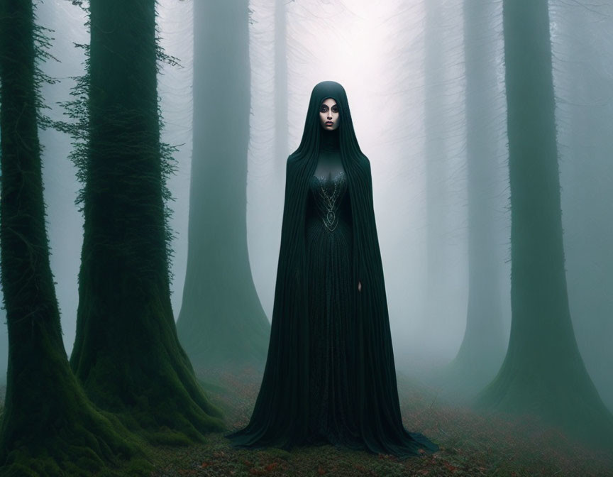 Mysterious figure in black robe in foggy forest with tall trees