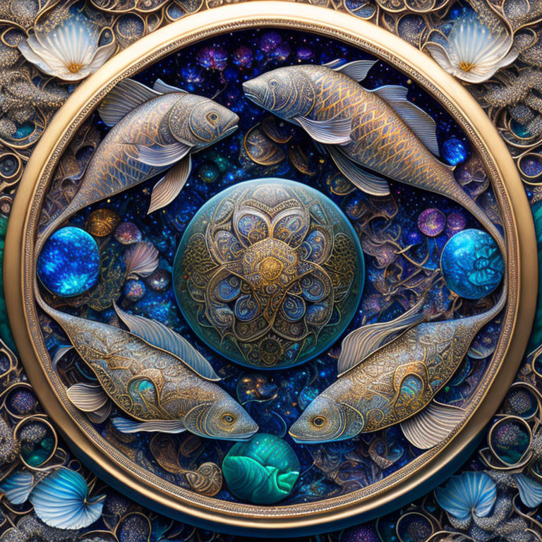 Circular Artwork: Two Fish with Cosmic and Floral Motifs