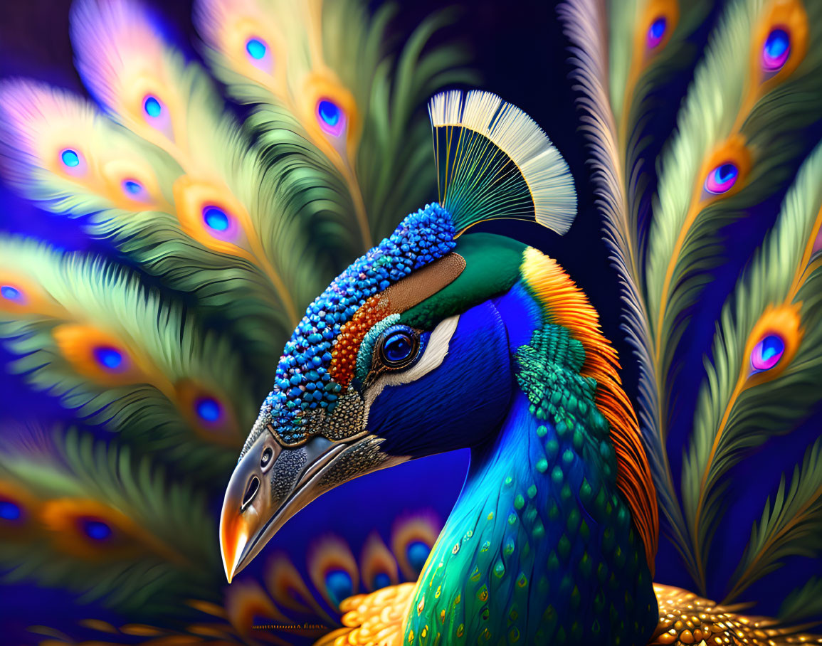 Detailed Close-Up Illustration of Colorful Peacock Plumage