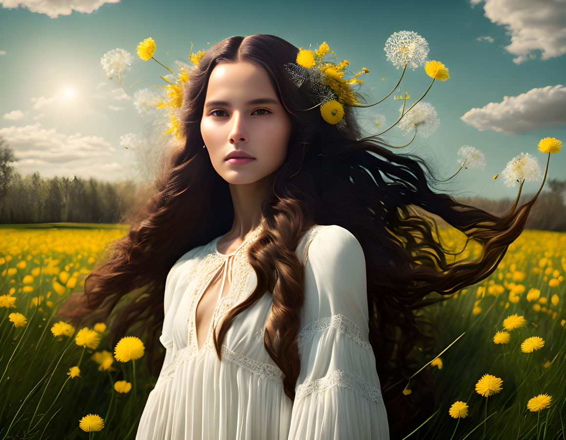 Woman with Long Flowing Hair in Field of Yellow Flowers under Blue Sky