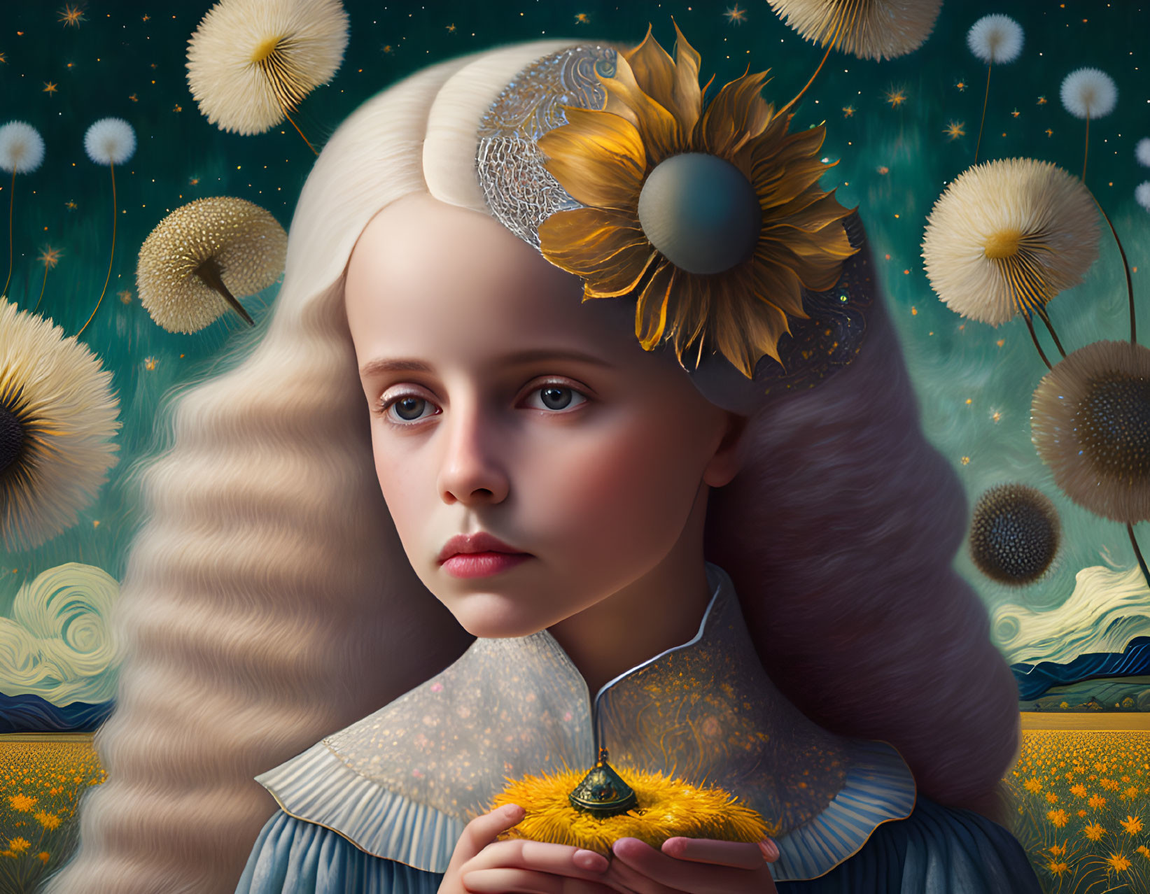 Surreal portrait of girl with sunflower hat and starry background