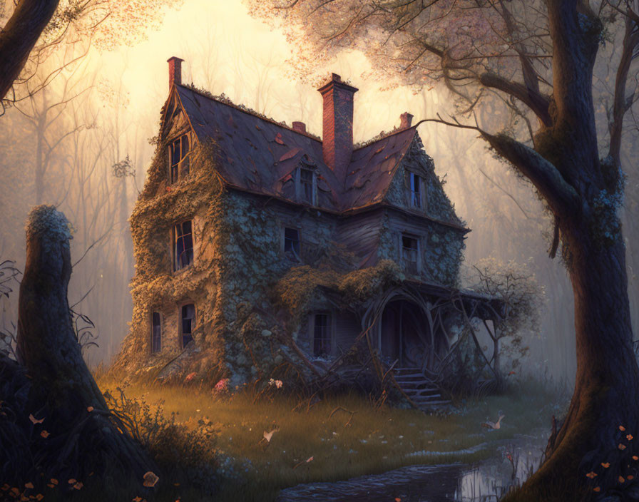 Ivy-covered house in misty autumn forest at sunset