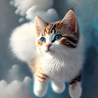 Adorable brown-and-white kitten with blue eyes and whiskers in dreamy sky.