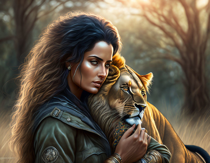 Woman with Dark Hair Embraces Lion in Sunlit Savannah