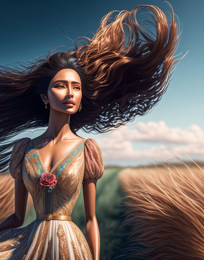 Digital illustration of woman with long hair in elegant dress in field with blue sky