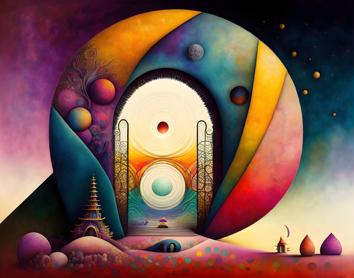 Colorful surreal landscape with cosmic theme and ornate patterns