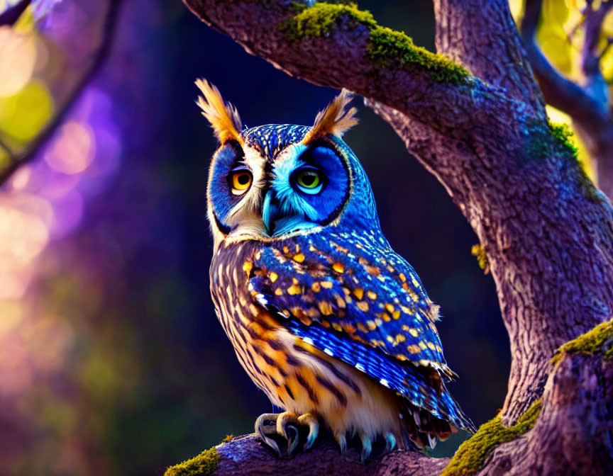 Colorful Owl Perched on Mossy Branch in Purple Forest