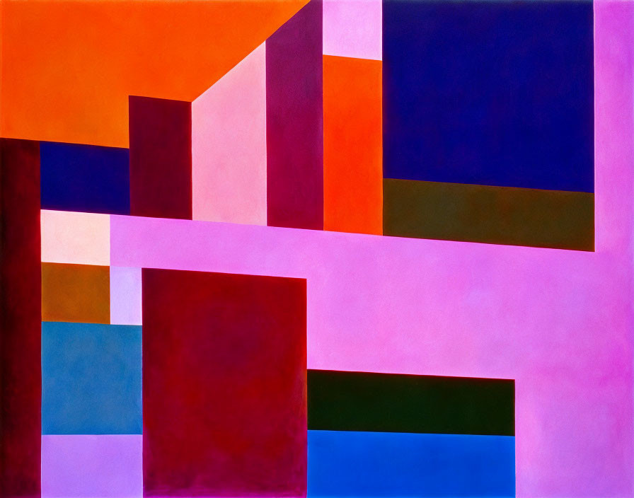 Colorful Abstract Painting with Geometric Shapes in Orange, Pink, Purple, and Blue