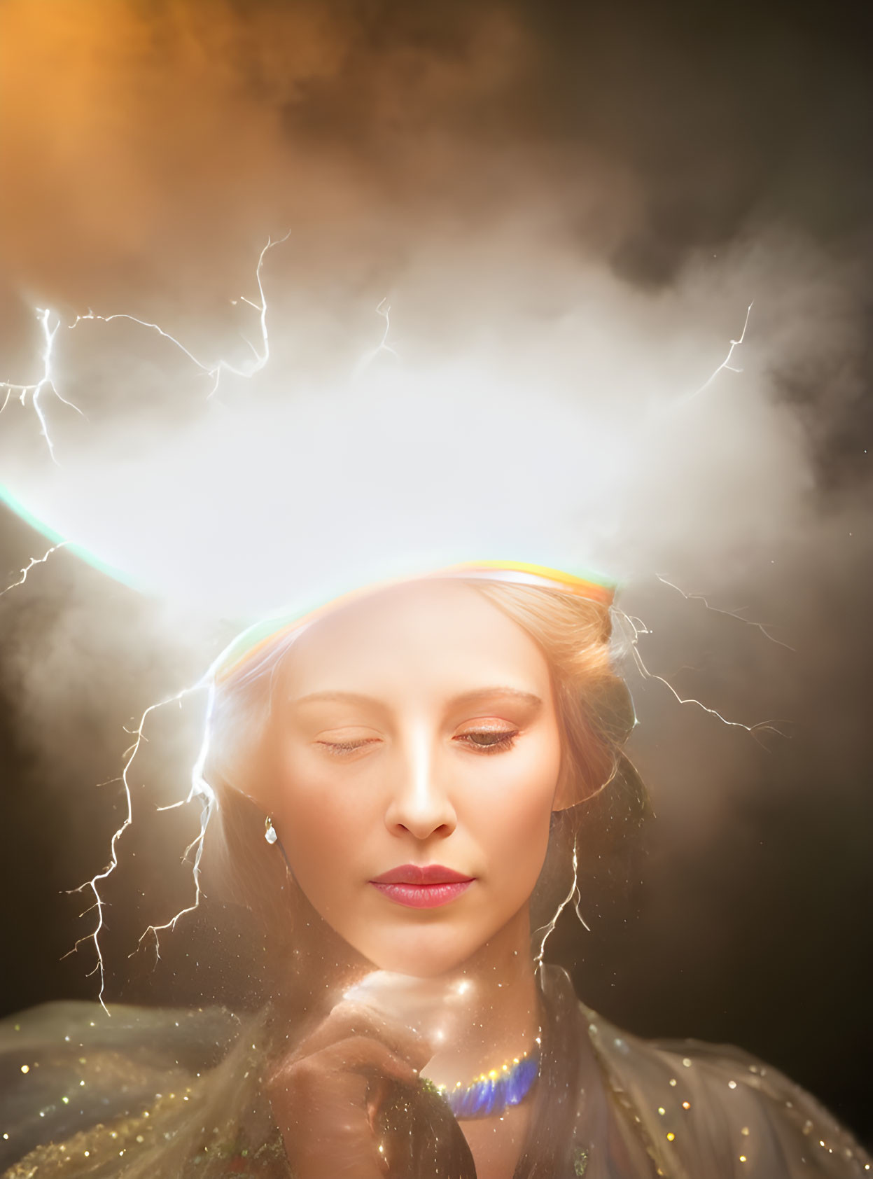 Woman with Closed Eyes Surrounded by Lightning Halo on Dark Background