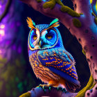 Colorful Owl Perched on Mossy Branch in Purple Forest