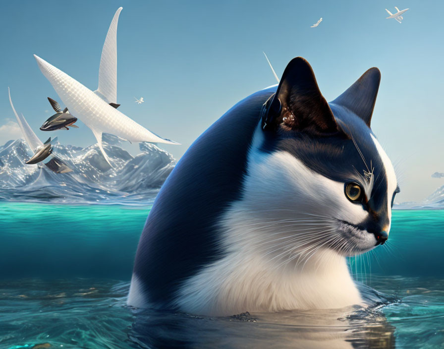 Giant cat emerging from ocean with fish-tailed birds in blue sky