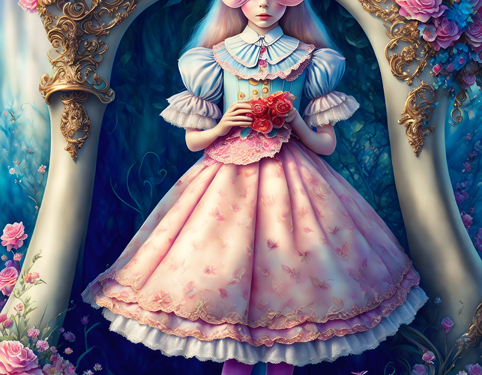 Detailed Illustration of Girl in Pink Victorian Dress with Roses Bouquet