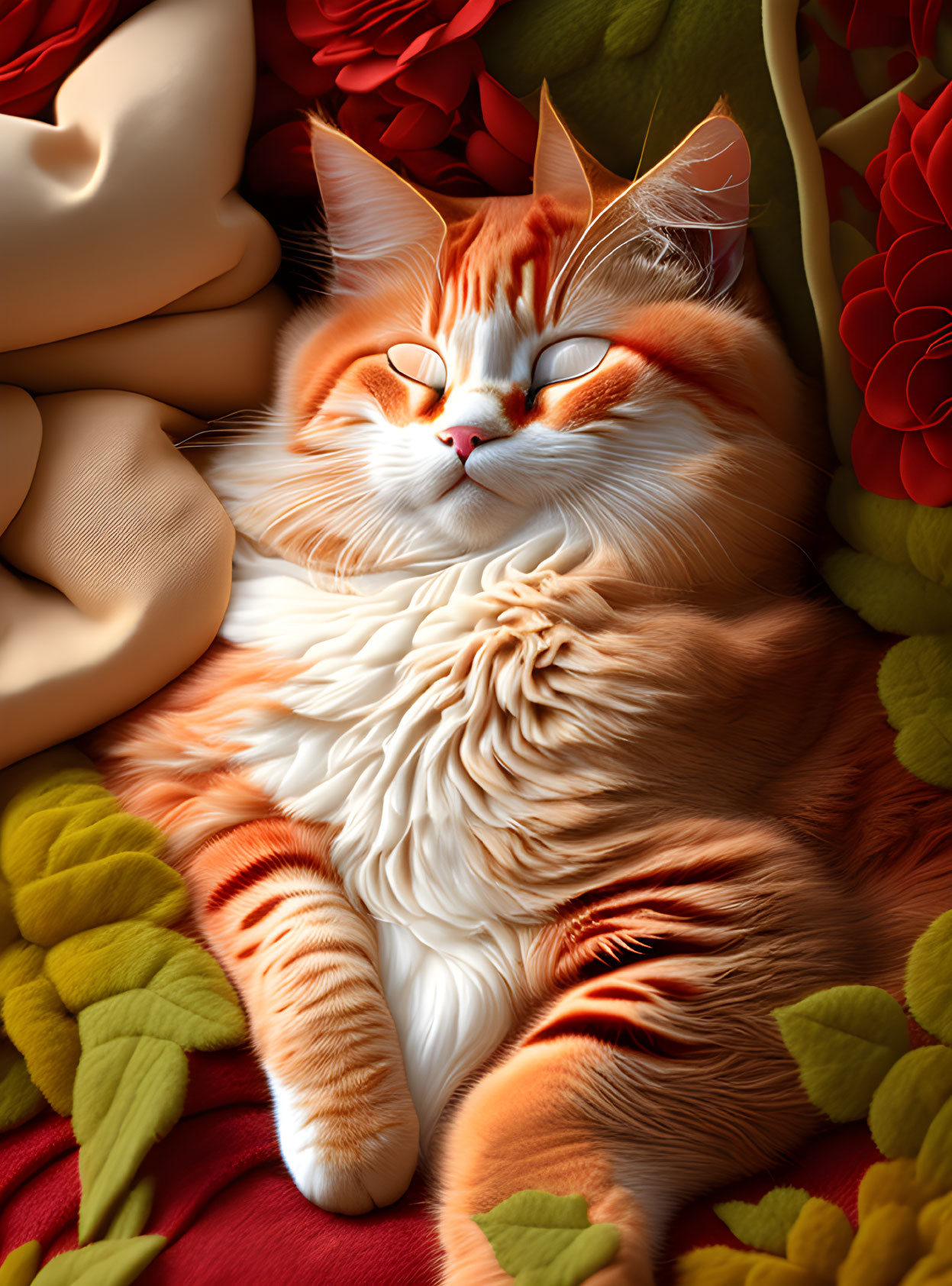 Orange and White Cat Relaxing Among Red Flowers and Green Leaves