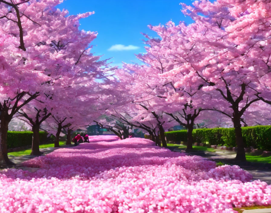 Scenic path with blooming pink cherry blossoms and people under clear blue sky