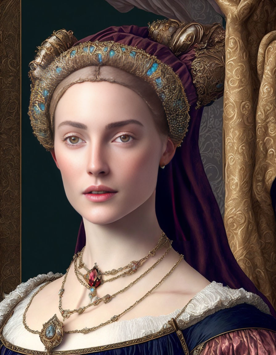 Renaissance woman portrait with elaborate headdress and jewelry