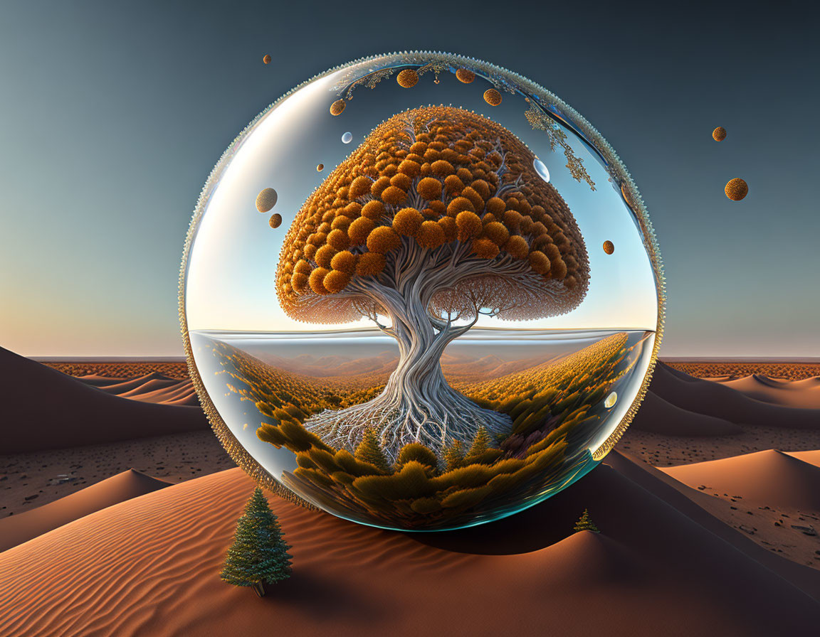 Surreal image of tree in transparent sphere in desert landscape