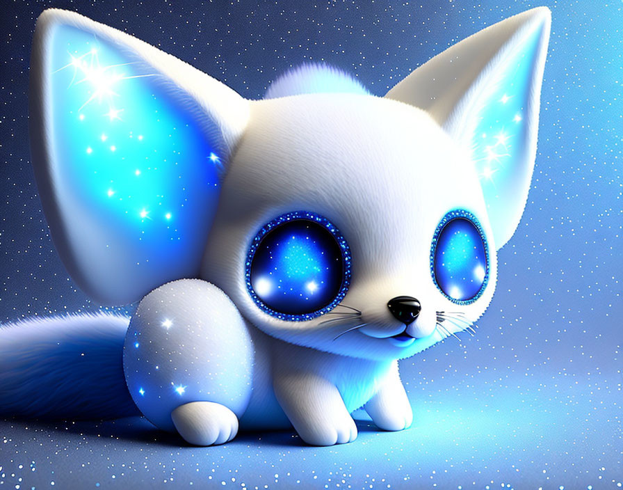 White Fantasy Creature with Sparkling Blue Eyes on Starry Background