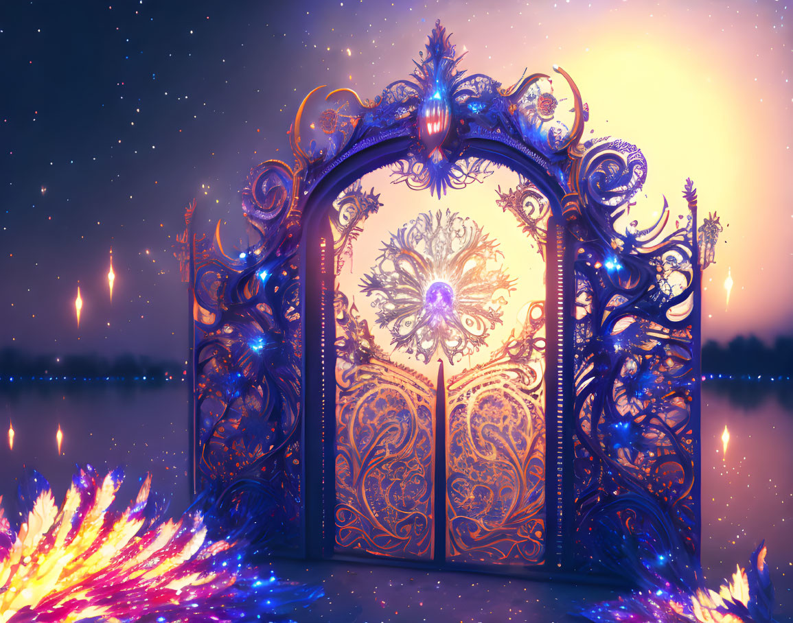 Intricate illuminated gate by water under starry sky