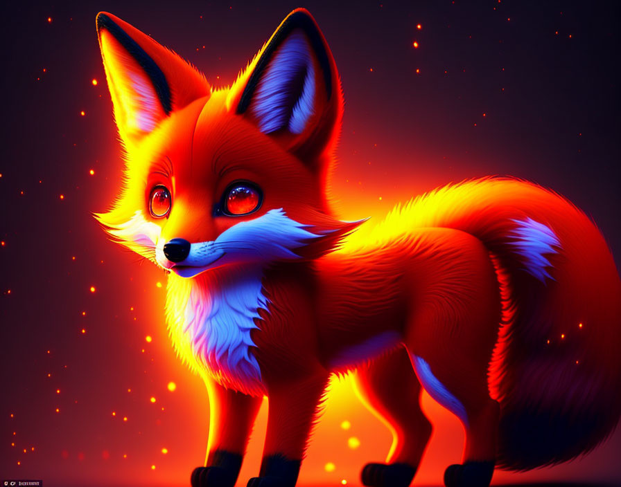 Vibrant digital art: Fox with fiery fur on dark red backdrop