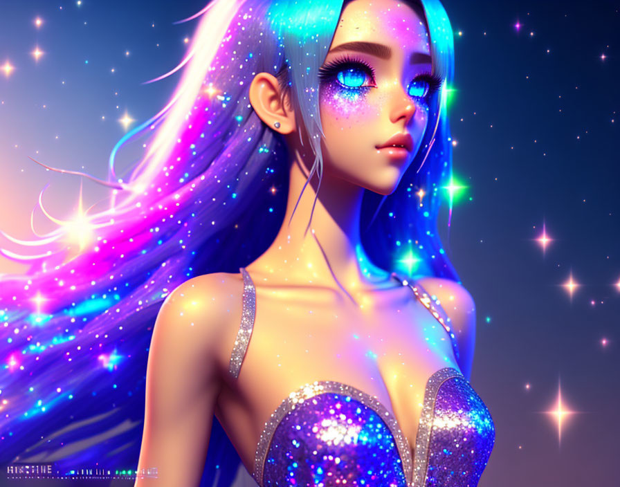 Blue-haired girl with sparkling skin in cosmic setting