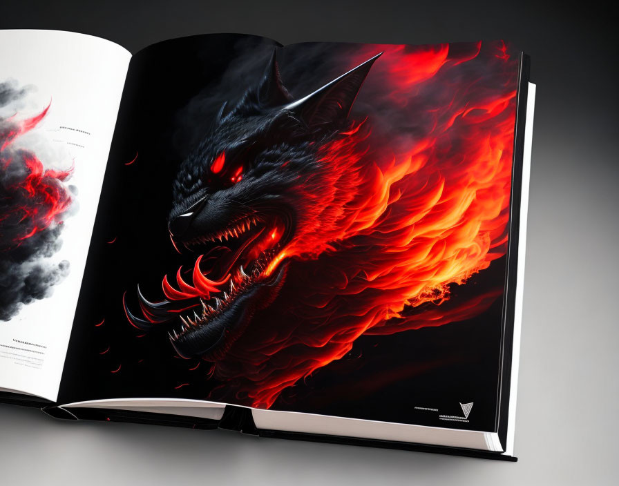 Vibrant red-eyed black dragon illustration in open book