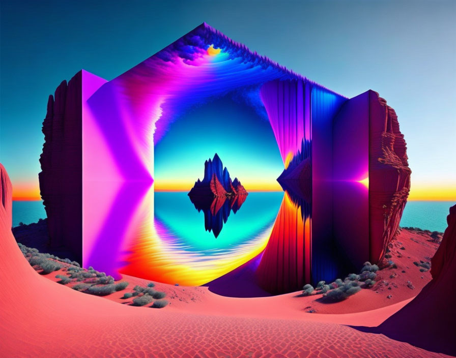 Hexagonal portal in surreal landscape with mirrored ocean and sky, red sand dunes.