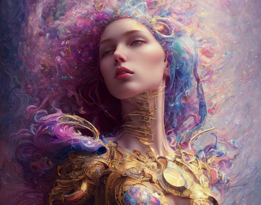 Multicolored wavy hair woman in golden armor against ethereal background