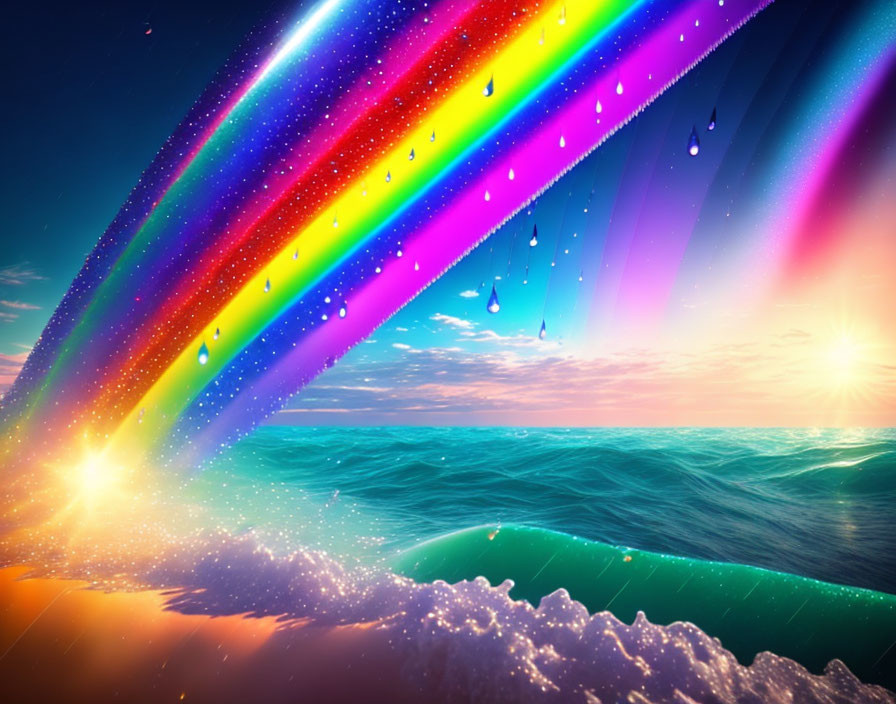 Digital Art: Rainbow over Sparkling Ocean with Sunburst