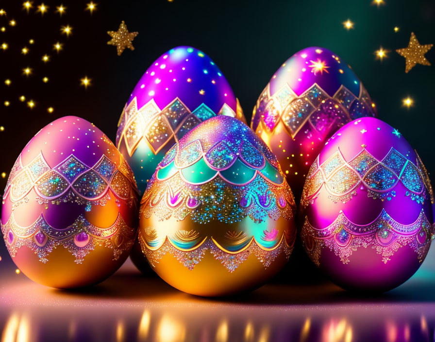 Vibrant Easter eggs with intricate patterns on dark background