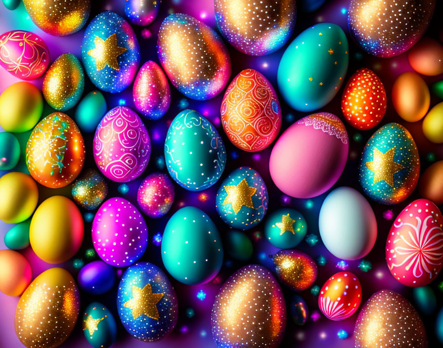 Colorful Easter Eggs Decorated with Glitter, Stars, and Patterns