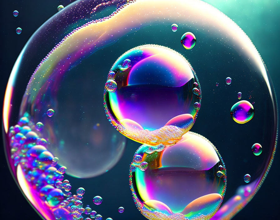 Colorful Soap Bubbles Reflecting Light on Dark Background