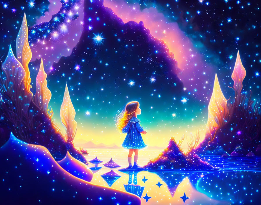 Child admires glowing starry landscape with colorful night sky