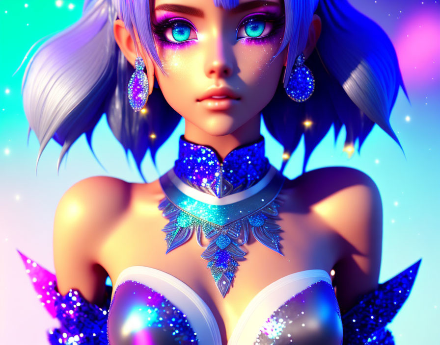 Digital Art: Female Character with Blue Eyes and Star-themed Jewelry