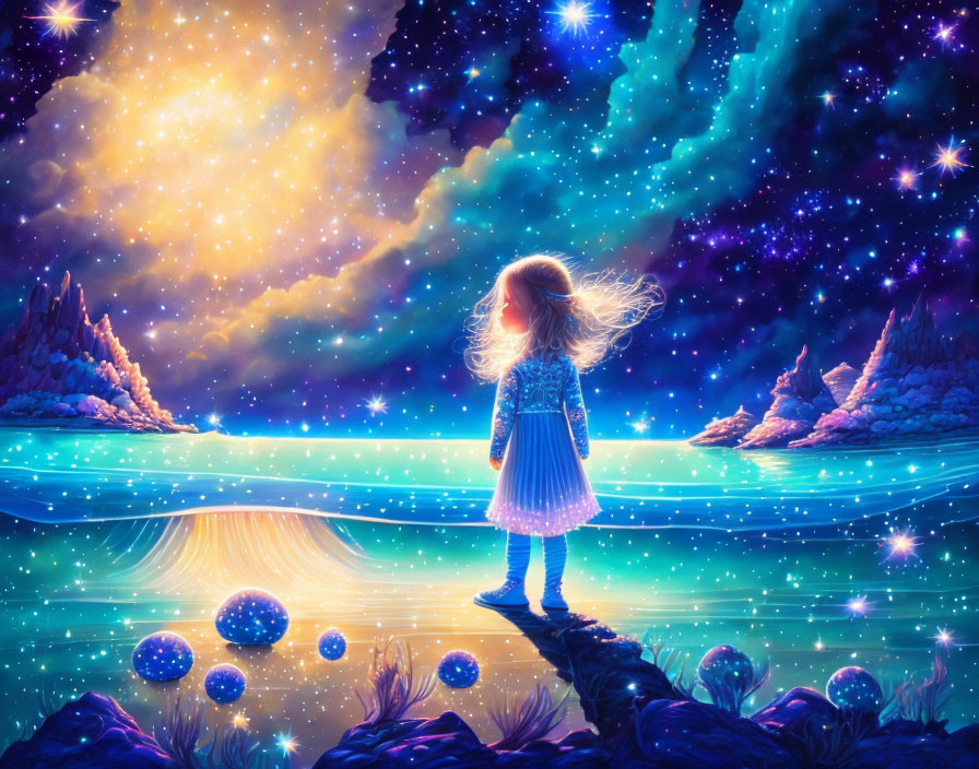 Young girl admires vibrant star-filled night sky over rocky shore