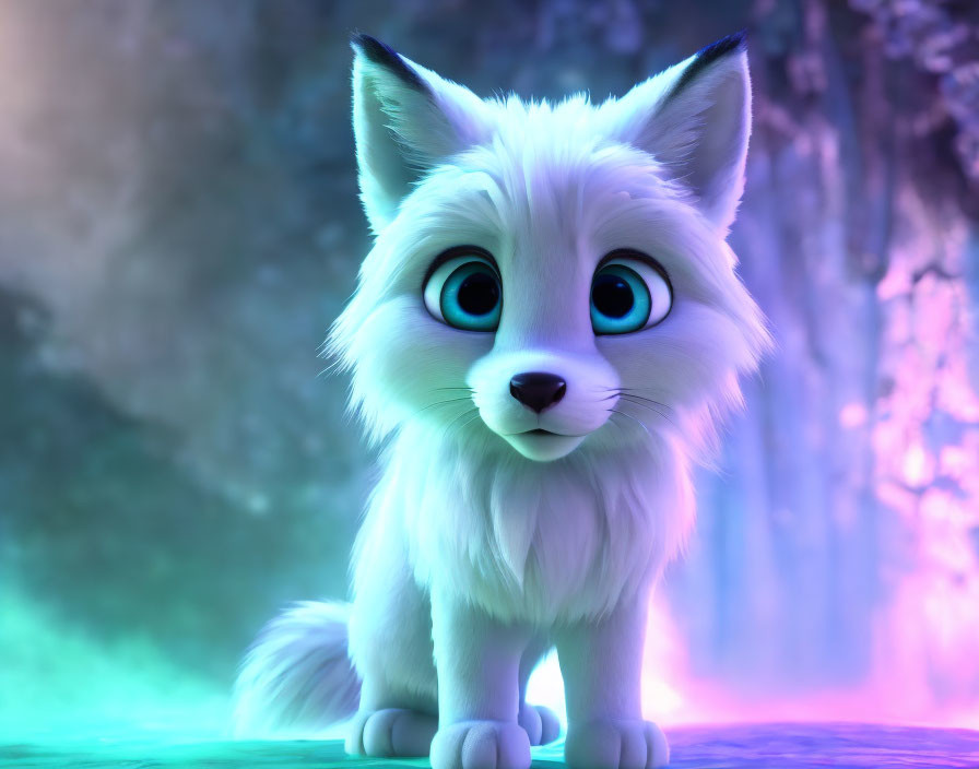 White fluffy fox with blue eyes on mystical background