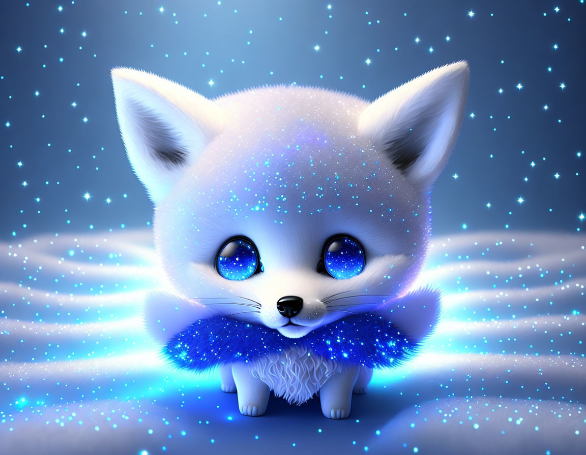 Ethereal blue fox with sapphire eyes and glittering collar on starry backdrop