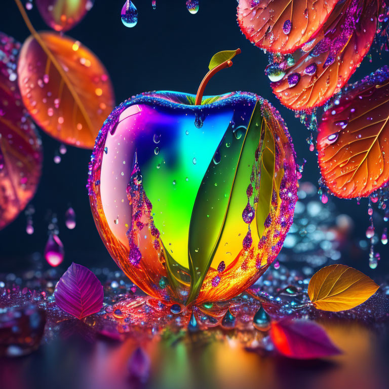 Vibrant Glass-like Apple with Water Droplets and Leaves on Reflective Surface