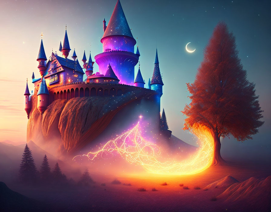 Colorful castle on cliff under starry sky with crescent moon and magical tree.