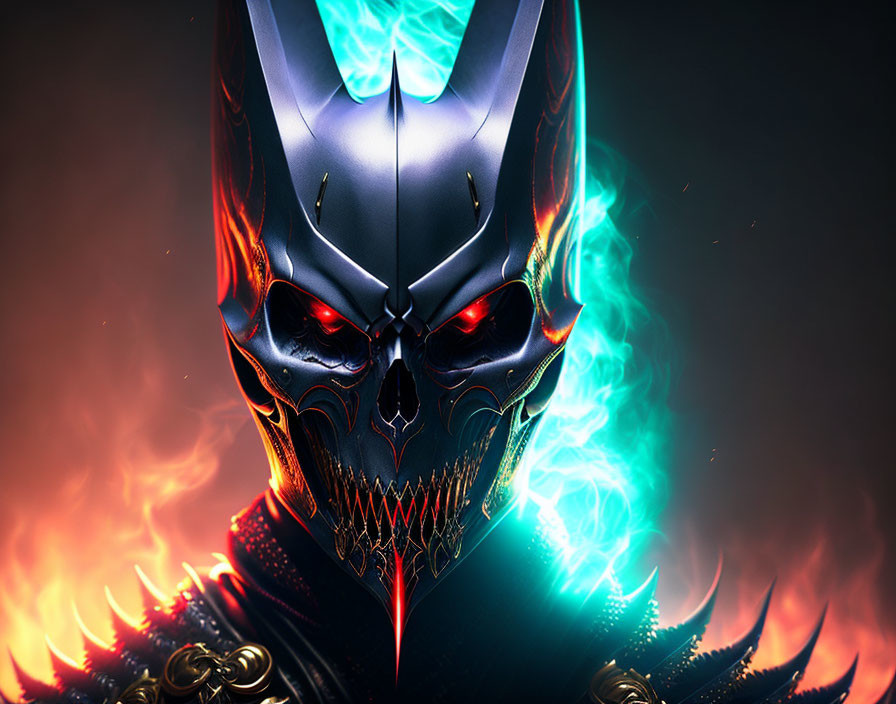 Sinister figure with black and gold helmet, red glowing eyes, and blue flames.