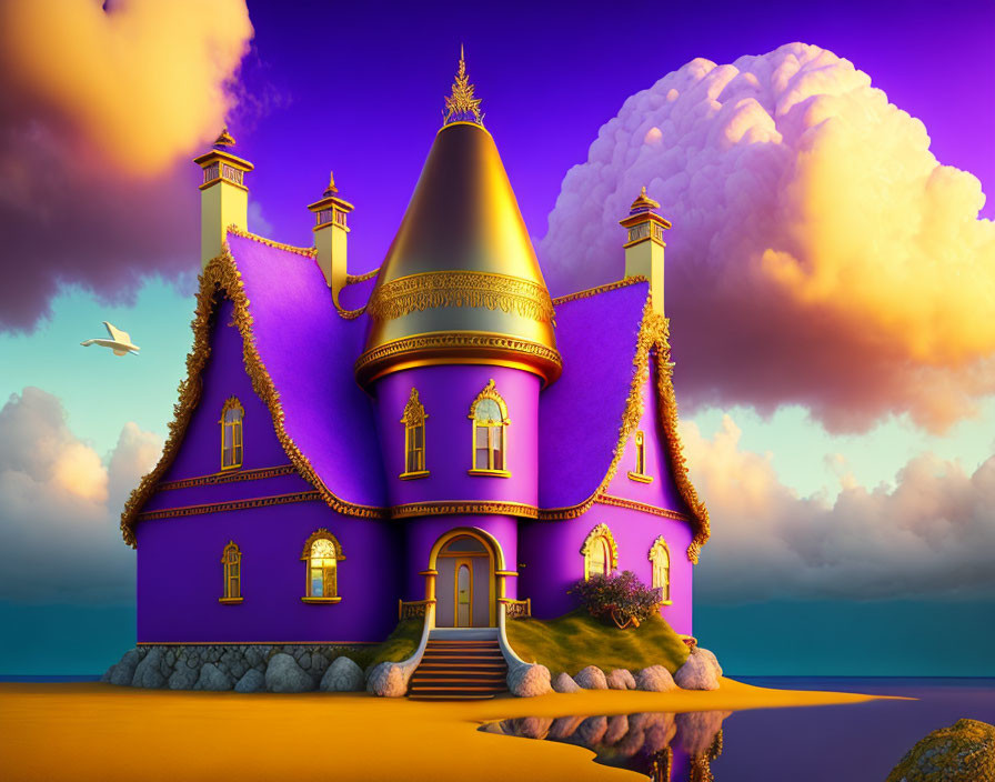 Fantasy castle with conical roof on island at sunset with airplane