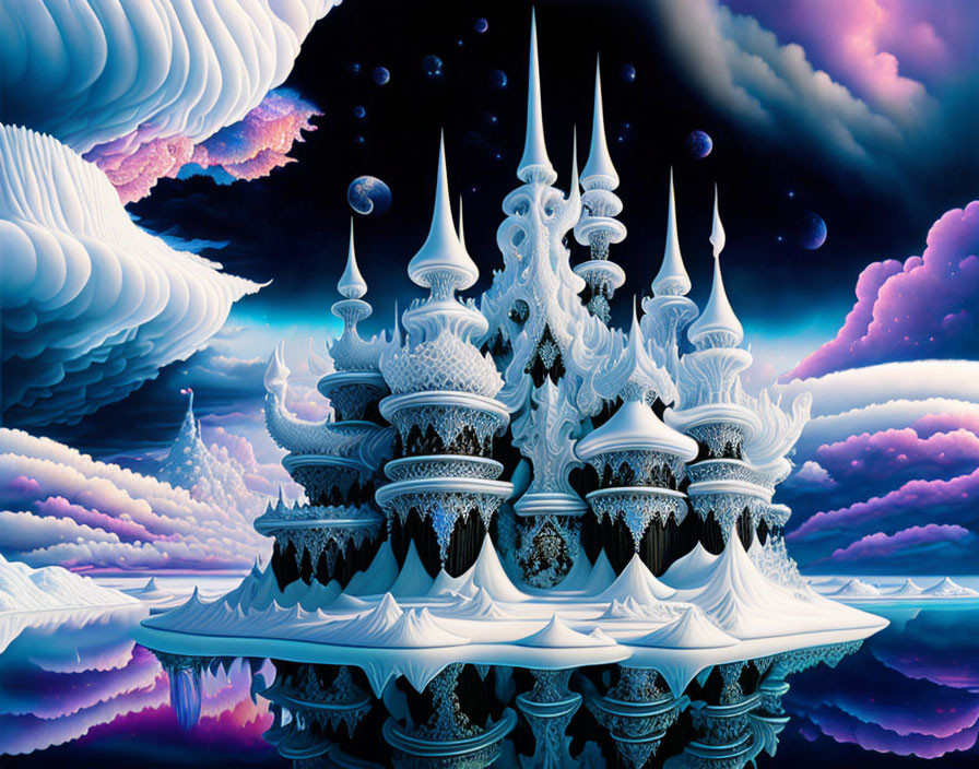 Intricate white fantasy castle on floating island in surreal landscape