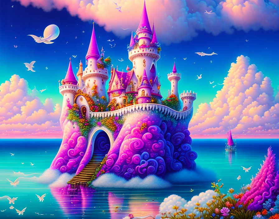 Whimsical pink and purple castle by the sea cliff