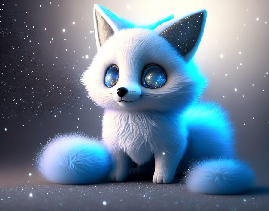 Blue and white furry creature with large blue eyes on starry background