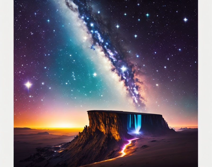 Surreal landscape with flat-topped mountain, glowing waterfall, and starry sky