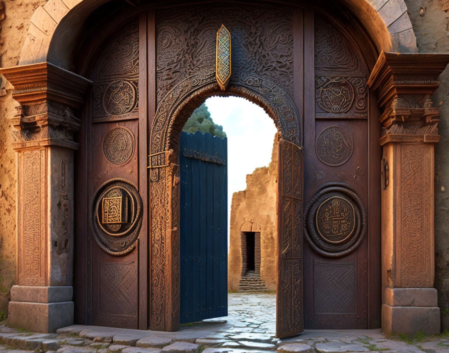 Intricately carved wooden door in stone entryway